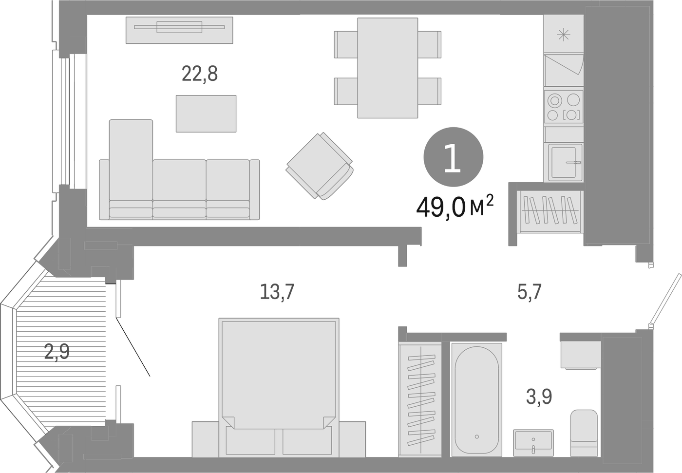 Планировка 2Е-к.кв, 49 м² в ЖК На Некрасова