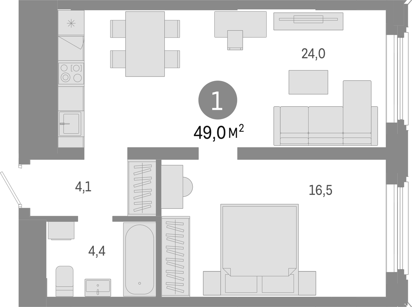 Планировка 2Е-к.кв, 49 м² в ЖК На Некрасова