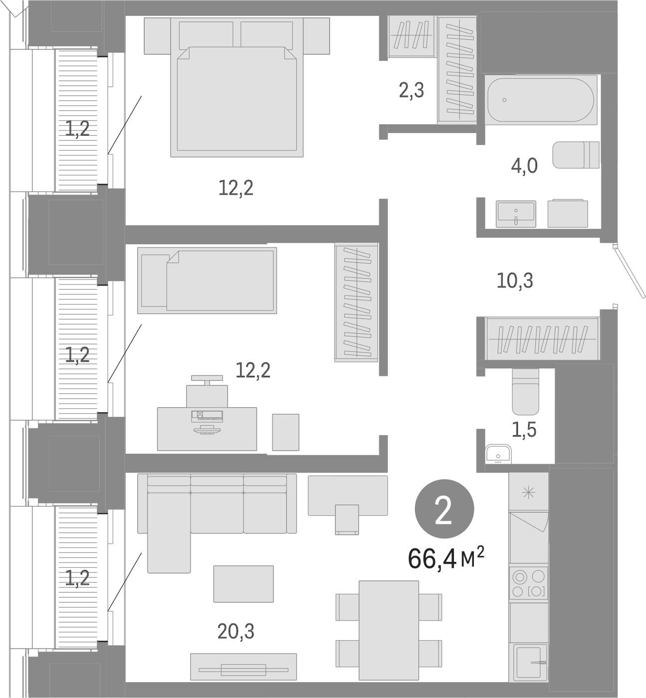 Планировка 3Е-к.кв, 66.4 м² в ЖК На Некрасова