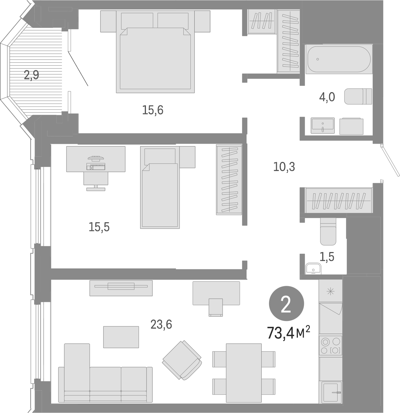 Планировка 3Е-к.кв, 73.4 м² в ЖК На Некрасова