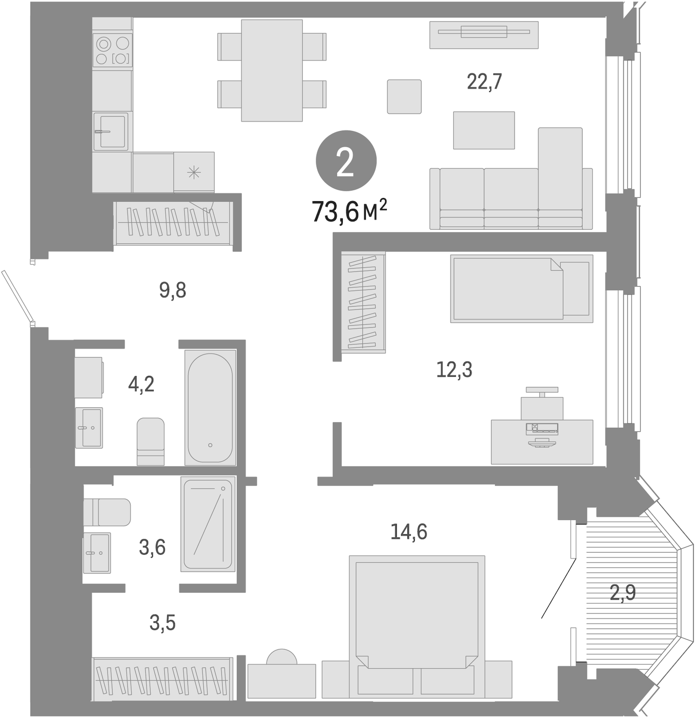 Планировка 3Е-к.кв, 73.6 м² в ЖК На Некрасова