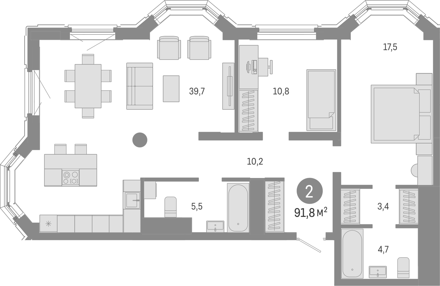Планировка 3Е-к.кв, 91.8 м² в ЖК На Некрасова