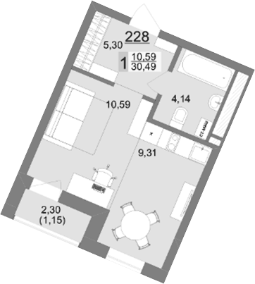 Планировка 1-к.кв, 30,49 м² в ЖК На Тенистой