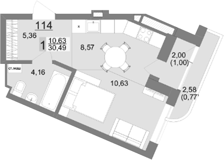 Планировка 1-к.кв, 30,49 м² в ЖК На Тенистой