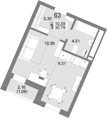 Планировка 1-к.кв, 30,79 м² в ЖК На Тенистой