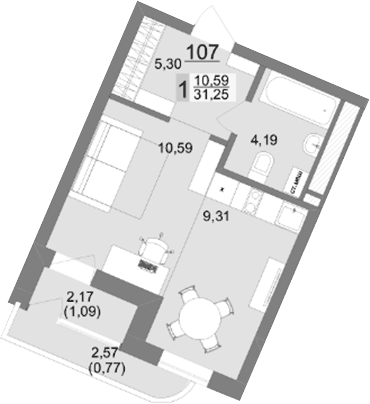Планировка 1-к.кв, 31,25 м² в ЖК На Тенистой