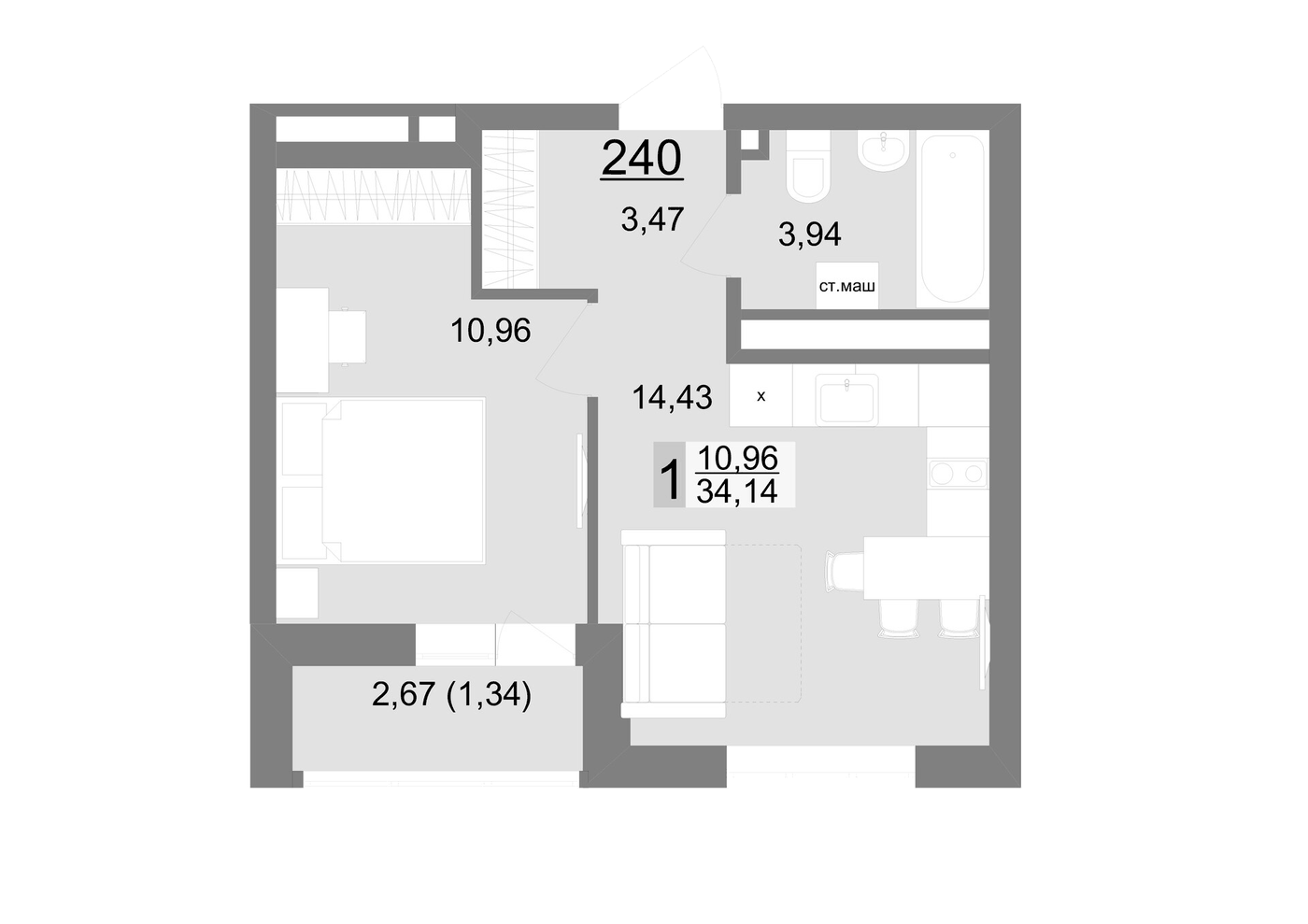 Планировка 1-к.кв, 34,14 м² в ЖК На Тенистой