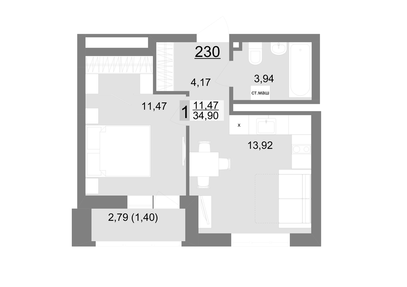 Планировка 1-к.кв, 34,9 м² в ЖК На Тенистой