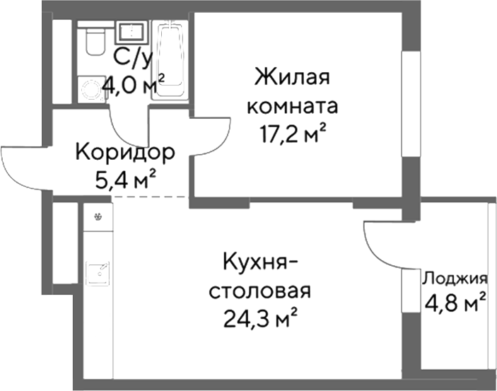 Планировка 1-к.кв, 53,3 м² в ЖК Нагорный