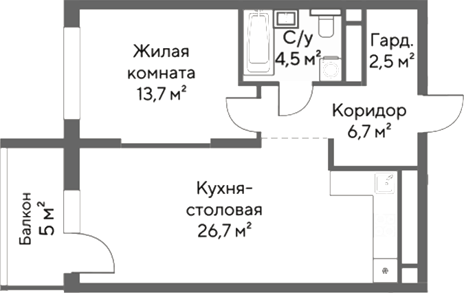 Планировка 1-к.кв, 55,4 м² в ЖК Нагорный