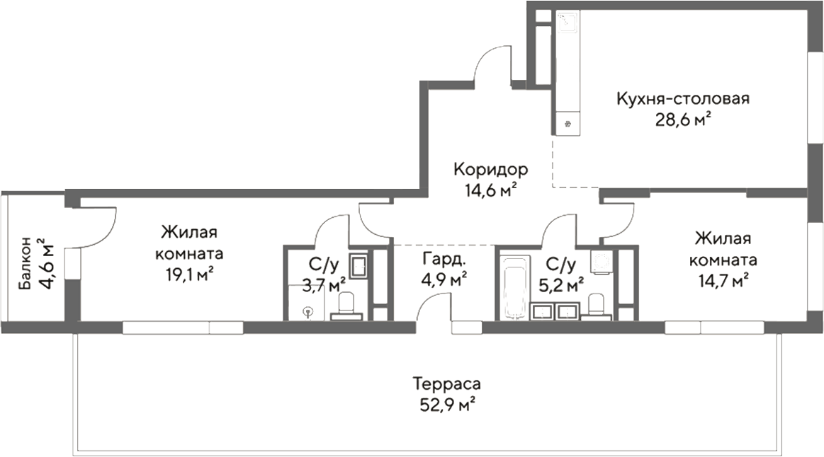 Планировка 2-к.кв, 108,4 м² в ЖК Нагорный
