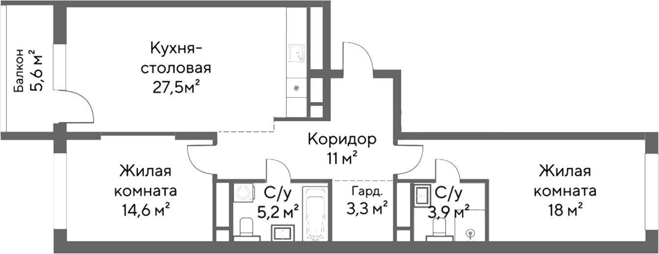 Планировка 2-к.кв, 77,7 м² в ЖК Нагорный