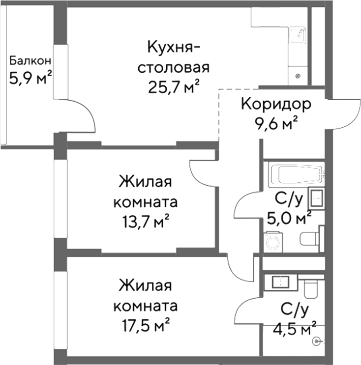 Планировка 2-к.кв, 77,8 м² в ЖК Нагорный