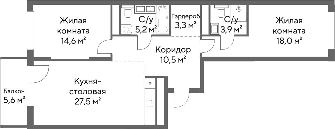 Планировка 2-к.кв, 84,7 м² в ЖК Нагорный