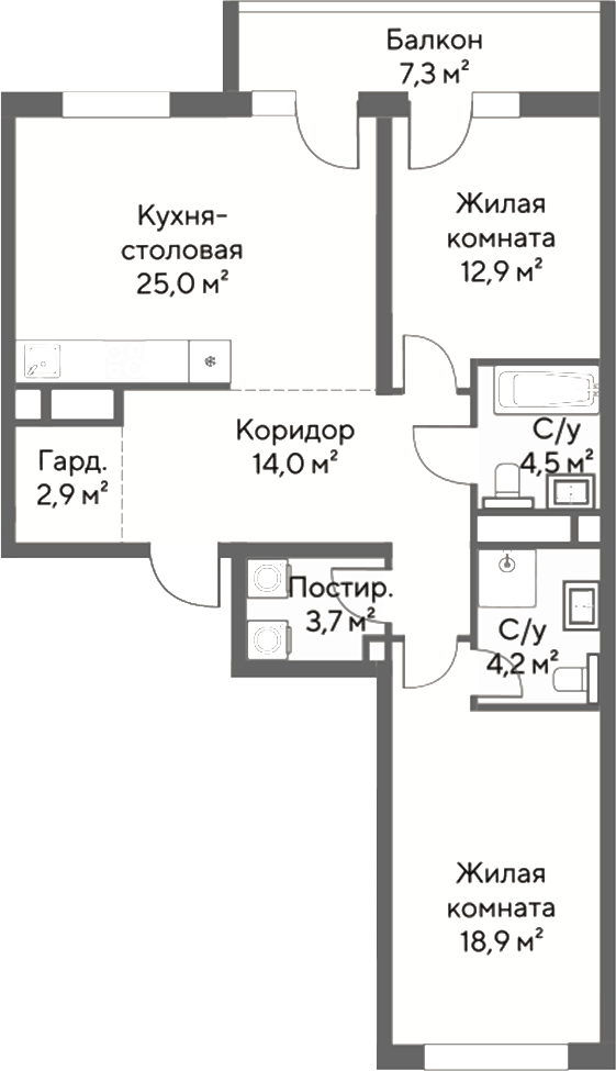 Планировка 2-к.кв, 88,3 м² в ЖК Нагорный