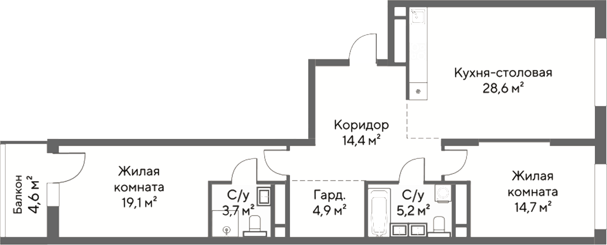 Планировка 2-к.кв, 92,5 м² в ЖК Нагорный