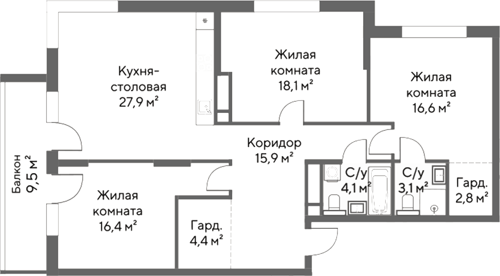 Планировка 3-к.кв, 112,2 м² в ЖК Нагорный