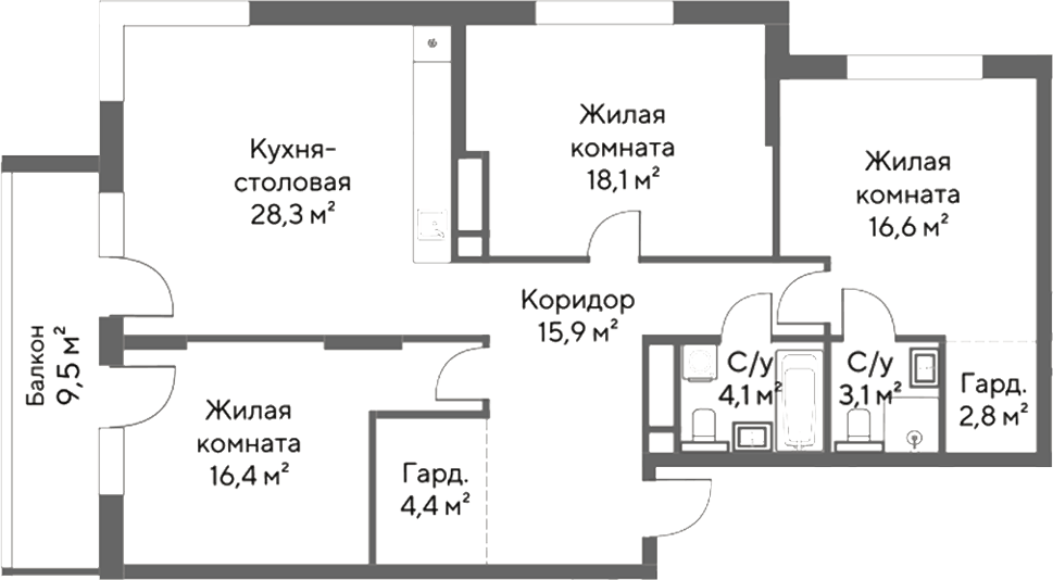 Планировка 3-к.кв, 112,6 м² в ЖК Нагорный