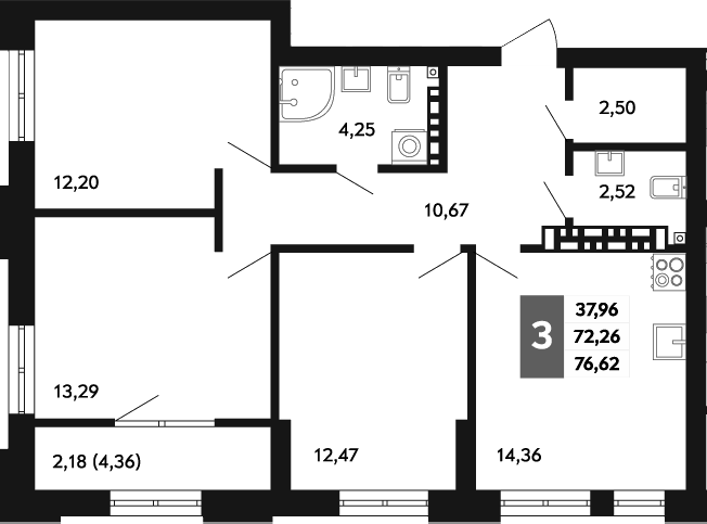 Планировка Планировка 3-к.кв 76,62 м² в ЖК Невский в Верхней Пышме в ЖК Невский