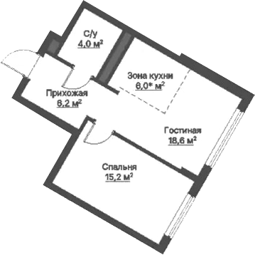 Планировка 1-к.кв, 44 м² в ЖК Никольский