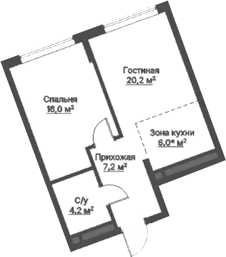 Планировка 1-к.кв, 47,6 м² в ЖК Никольский