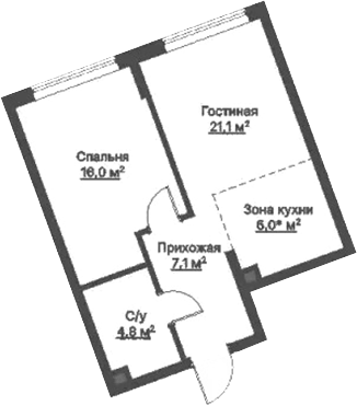 Планировка 1-к.кв, 49 м² в ЖК Никольский
