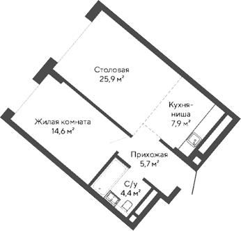 Планировка 1-к.кв, 50,6 м² в ЖК Никольский