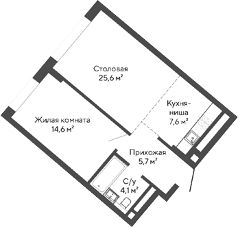 Планировка 1-к.кв, 50 м² в ЖК Никольский