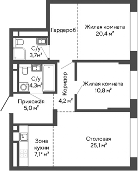 Планировка 2-к.кв, 73,5 м² в ЖК Никольский