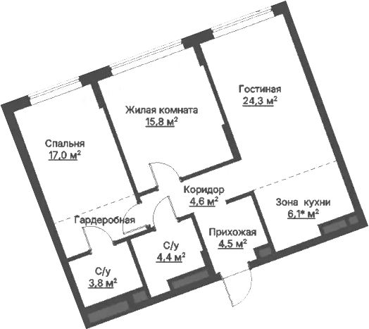 Планировка 2-к.кв, 74,4 м² в ЖК Никольский