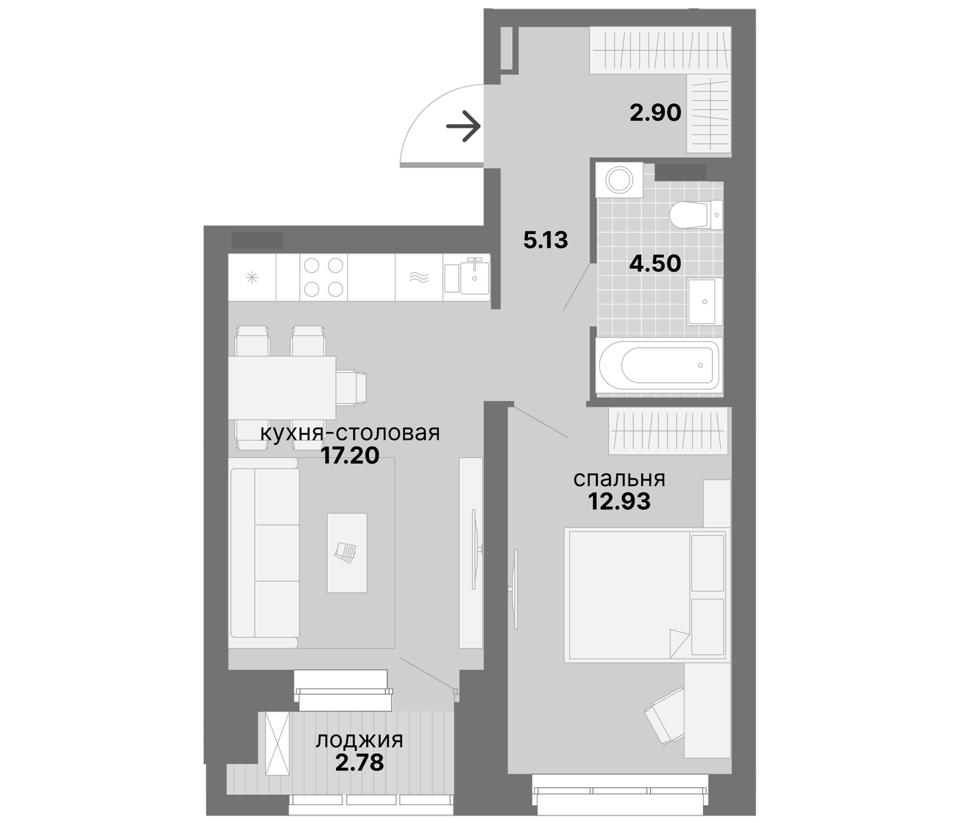 Планировка 1-к.кв, 45,44 м² в ЖК Нова парк