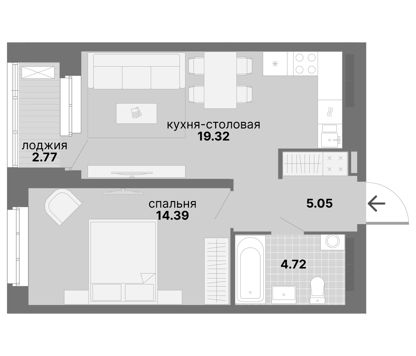 Планировка 1-к.кв, 46,25 м² в ЖК Нова парк