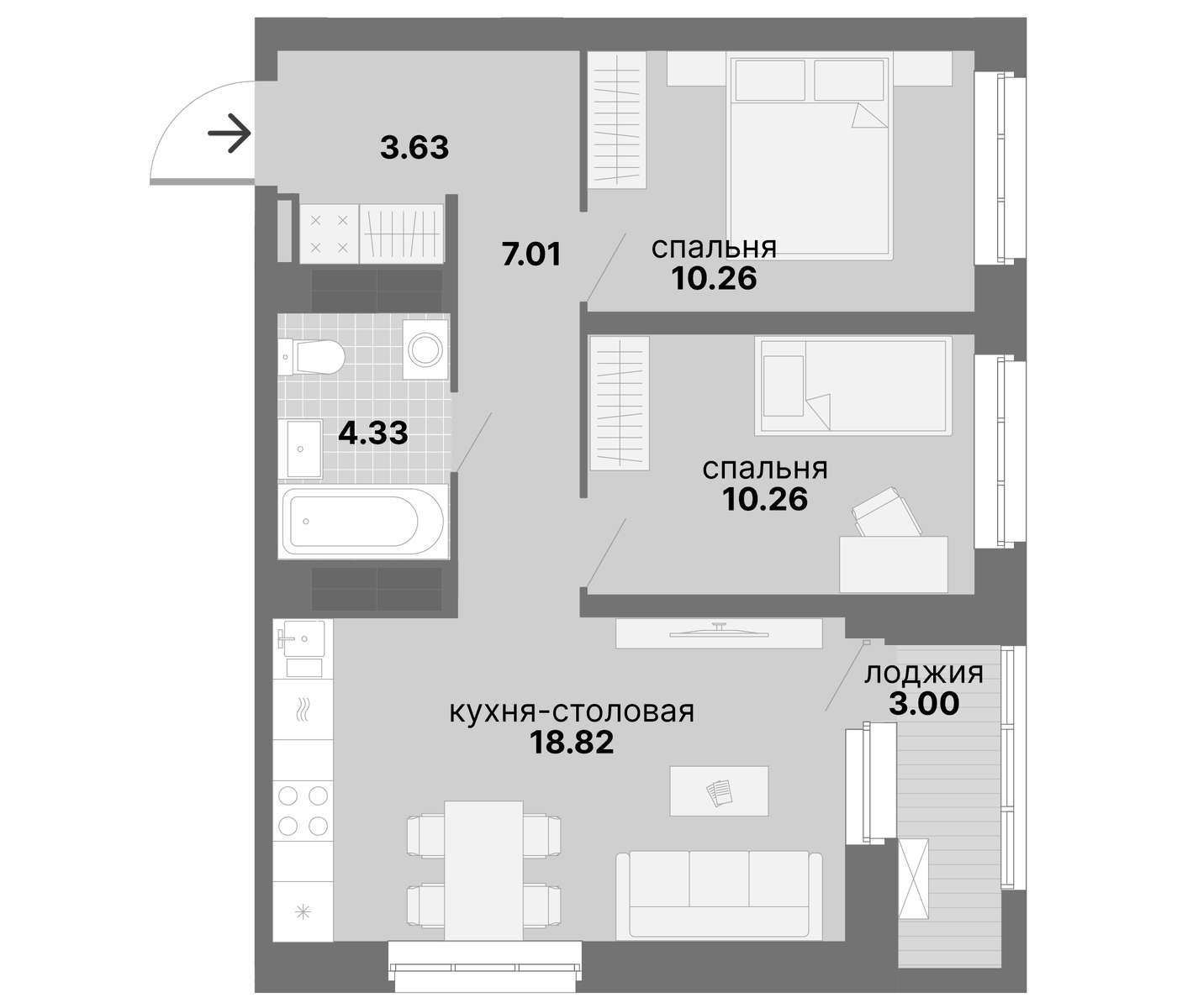 Планировка 2-к.кв, 57,31 м² в ЖК Нова парк