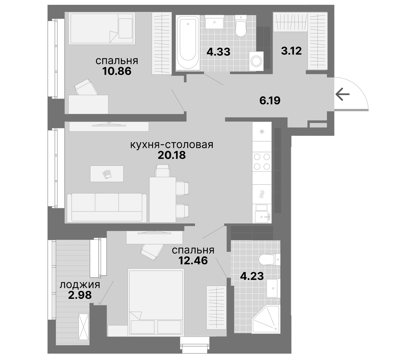Планировка 2-к.кв, 64,35 м² в ЖК Нова парк