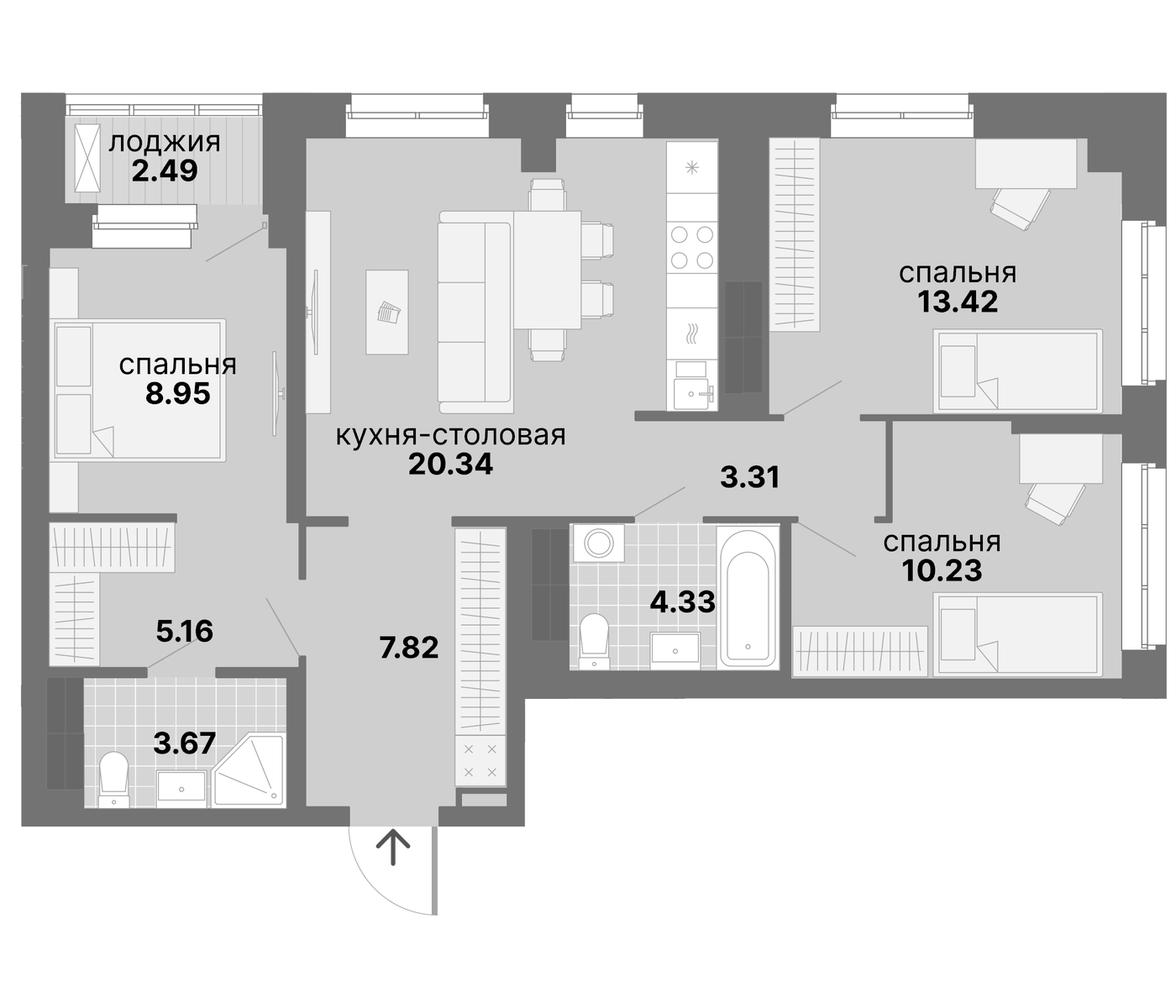Планировка 3-к.кв, 79,78 м² в ЖК Нова парк