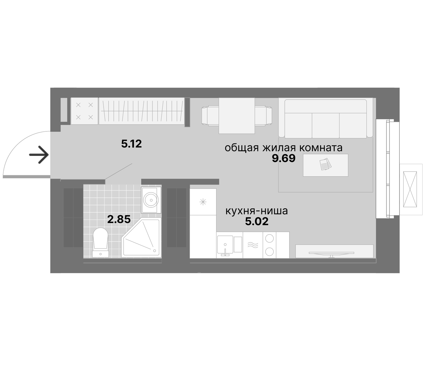 Планировка Студия, 22,68 м² в ЖК Нова парк