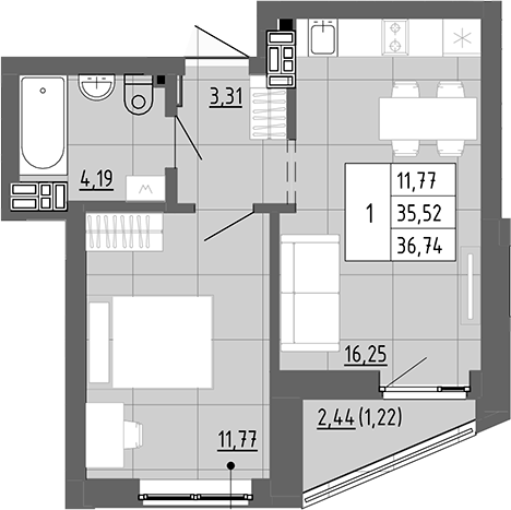 Планировка 1-к.кв, 36,74 м² в ЖК Новация