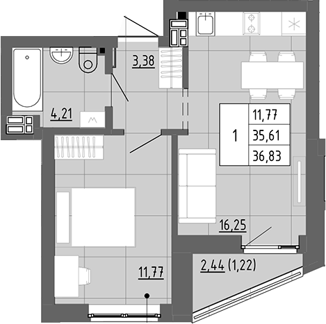 Планировка 1-к.кв, 36,83 м² в ЖК Новация