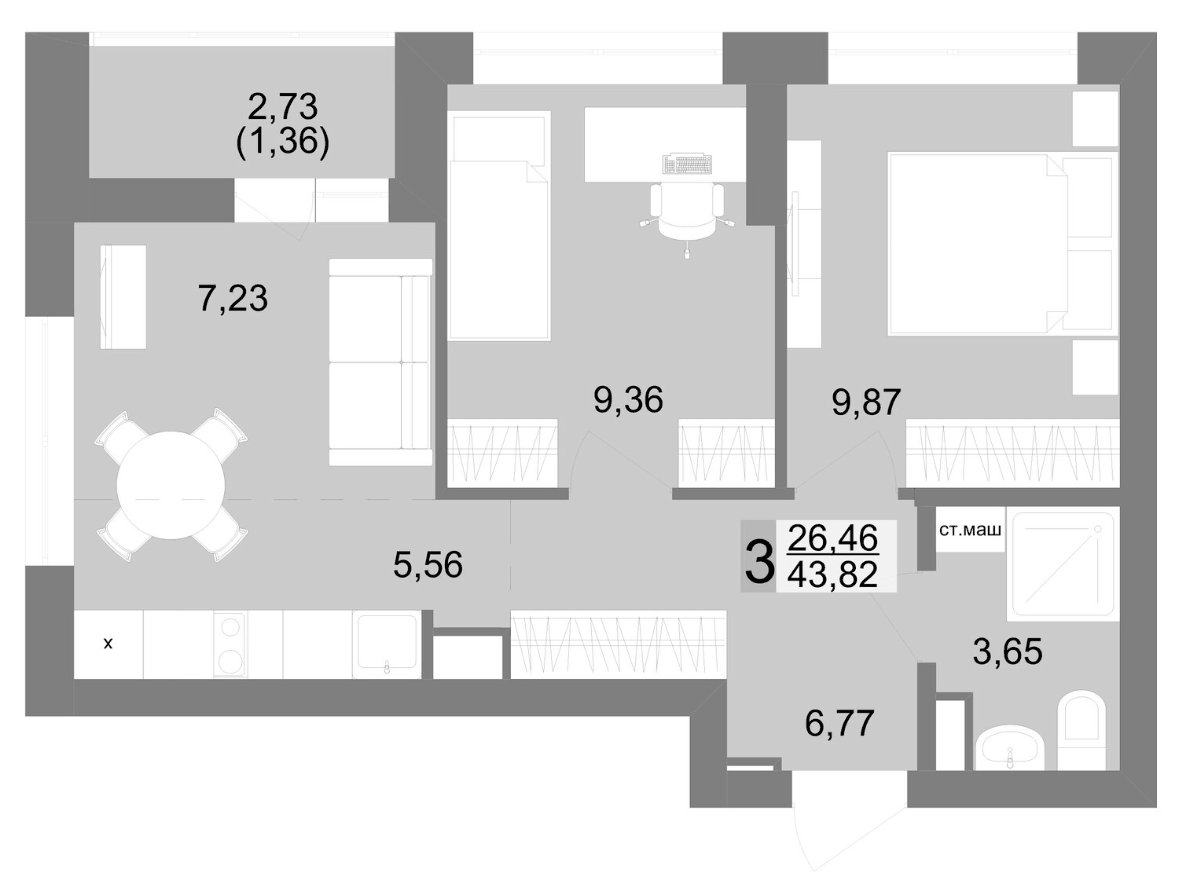 Планировка 2-к, 47,23 м² в ЖК Новация