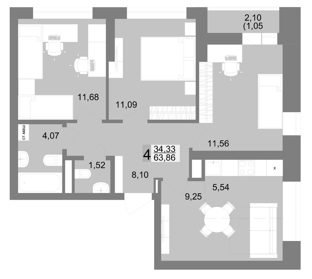 Планировка 3-к, 64,09 м² в ЖК Новация