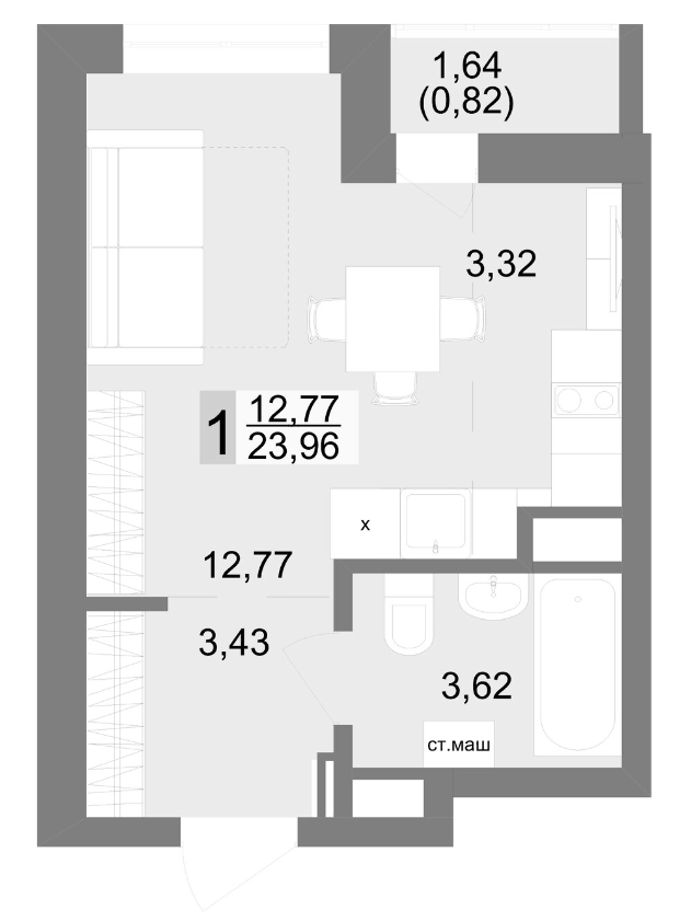 Планировка Студия, 23,96 м² в ЖК Новация