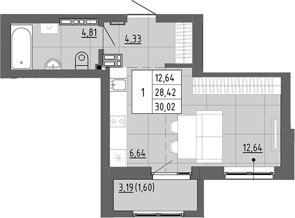 Планировка Студия, 30,02 м² в ЖК Новация