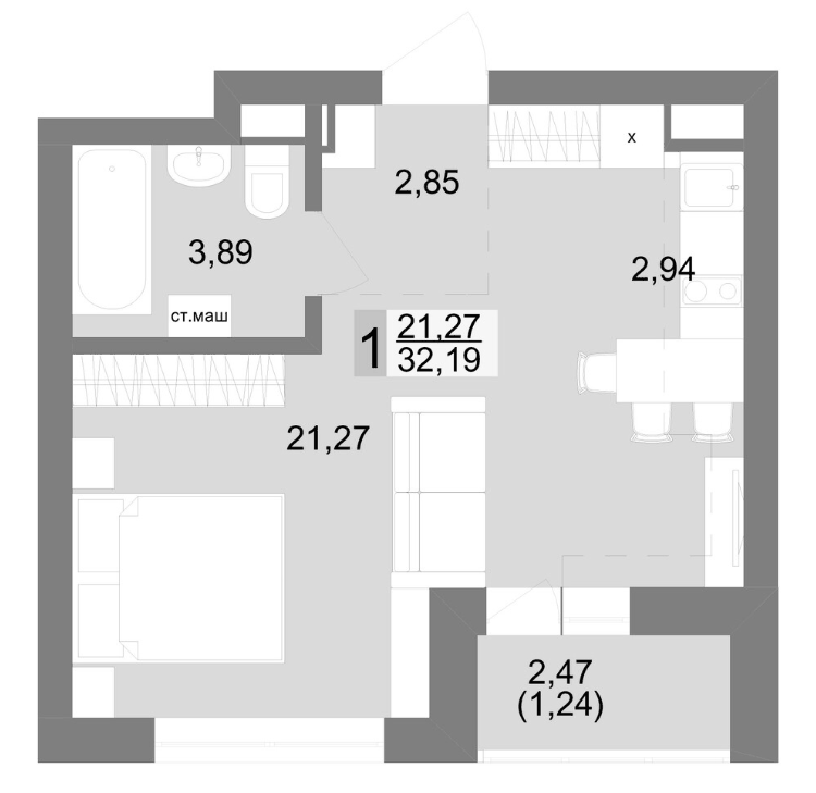 Планировка Студия, 34,87 м² в ЖК Новация