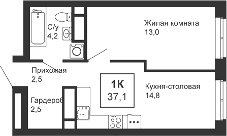 Планировка 1-к.кв, 37,1 м² в ЖК Новая Ботаника