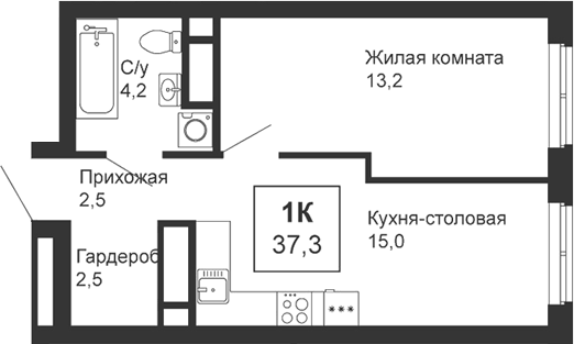 Планировка 1-к.кв, 37,3 м² в ЖК Новая Ботаника