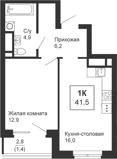 Планировка 1-к.кв, 41,5 м² в ЖК Новая Ботаника
