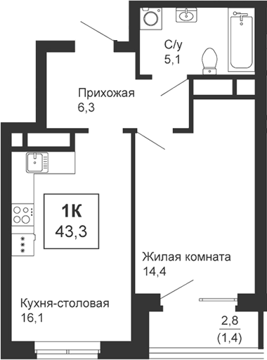 Планировка 1-к.кв, 43,3 м² в ЖК Новая Ботаника