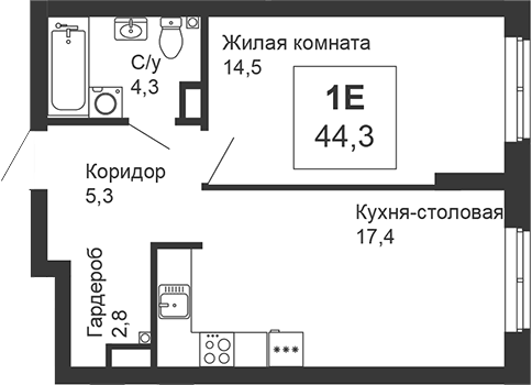 Планировка 1-к.кв, 44,3 м² в ЖК Новая Ботаника