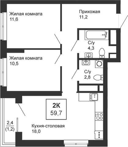 Планировка 2-к.кв, 59,7 м² в ЖК Новая Ботаника