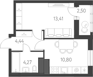 Планировка 1-к.кв, 34,17 м² в ЖК Новая Олимпика
